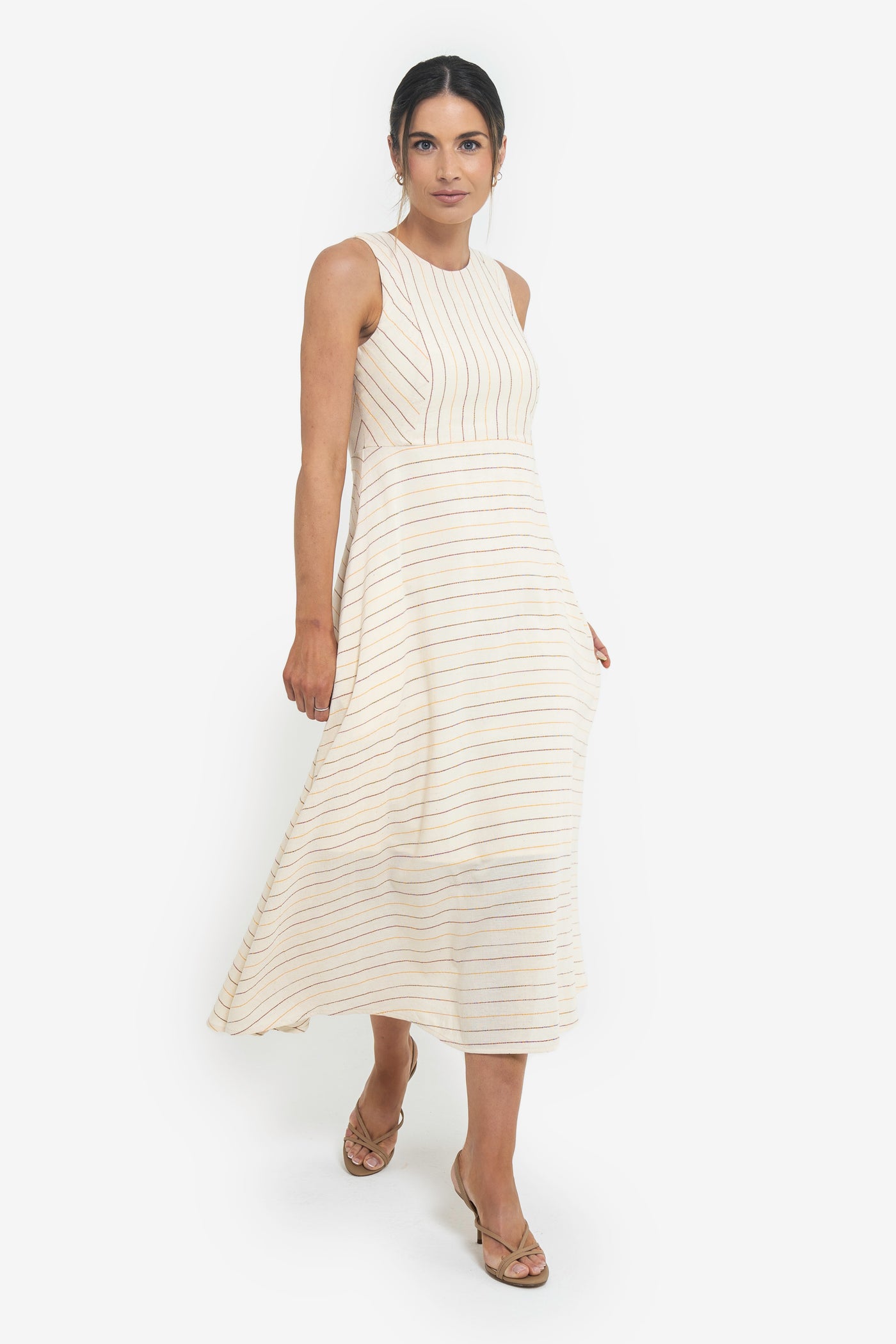 Abby Pinstriped Midi Dress Ecru