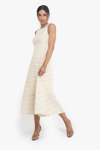 Abby Pinstriped Midi Dress Ecru