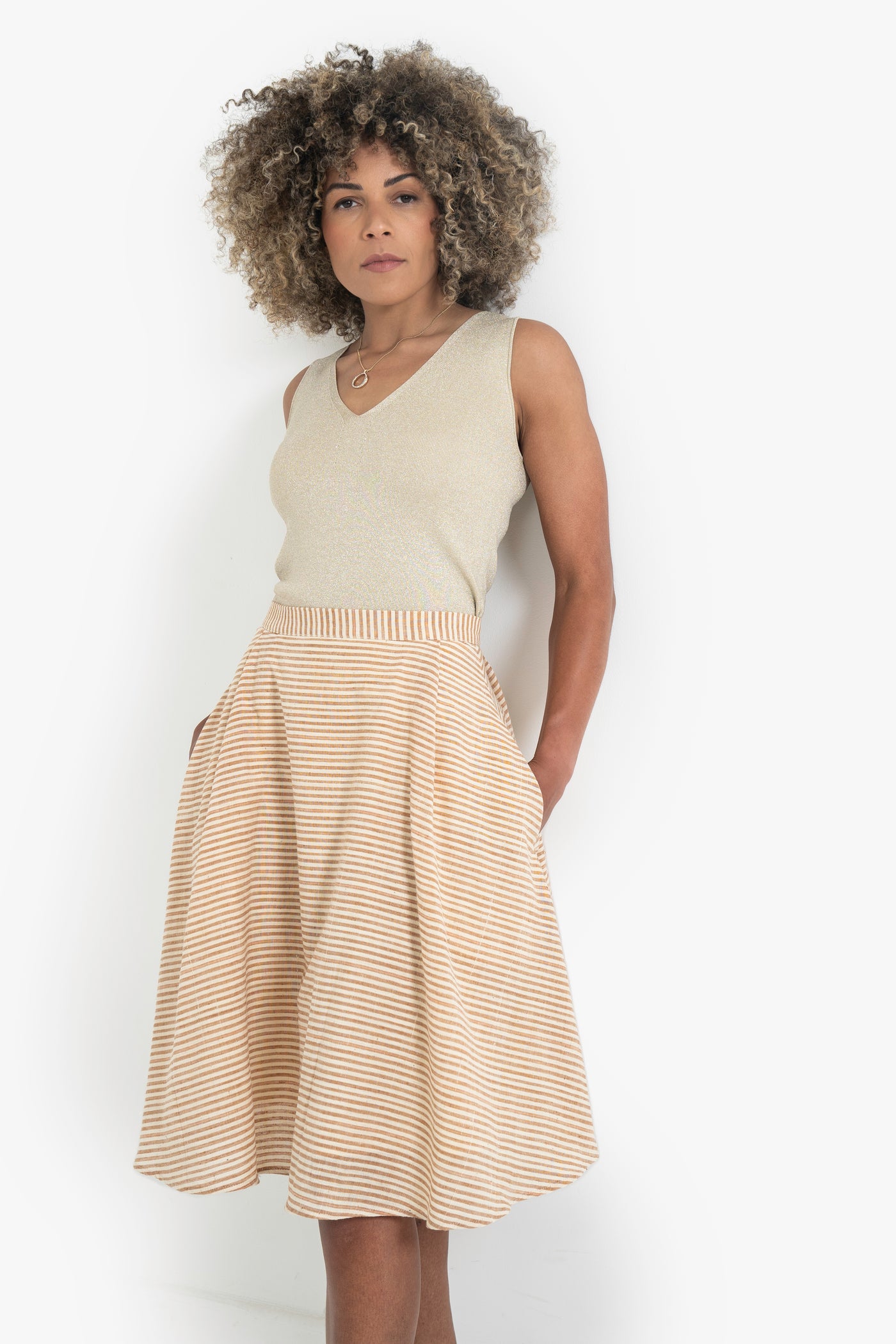Jenna Striped Knee-length Full Skirt Terracotta