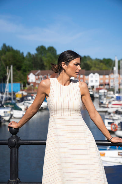 Abby Pinstriped Midi Dress Ecru